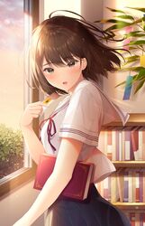  1girl :d bangs black_skirt blush book bookmark bookshelf brown_eyes brown_hair carrying_under_arm commentary_request eyebrows_visible_through_hair hair_between_eyes highres holding indoors looking_at_viewer looking_to_the_side neck_ribbon noda_shuha open_mouth original pleated_skirt red_ribbon ribbon sailor_collar school_uniform serafuku shirt short_sleeves skirt smile solo tanabata tanzaku white_sailor_collar white_shirt window 