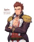  1boy beard belt blue_eyes brown_hair chest crossed_arms epaulettes facial_hair fate/grand_order fate_(series) floofities highres long_sleeves looking_at_viewer male_focus military military_uniform muscle napoleon_bonaparte_(fate/grand_order) scar sketch smile solo uniform upper_body white_background 
