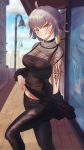  1girl absurdres ahoge black_pants black_shirt blurry blurry_background casual day fate/grand_order fate_(series) fishnets gi_gi_gi grin highres jeanne_d&#039;arc_(alter)_(fate) jeanne_d&#039;arc_(fate)_(all) lifted_by_self looking_at_viewer midriff navel outdoors pants shiny shiny_clothes shirt shirt_lift short_hair silver_hair sleeveless sleeveless_shirt smile solo standing stomach tattoo v-shaped_eyebrows yellow_eyes 
