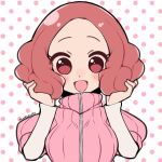  1girl :d artist_name atlus blush brown_eyes brown_hair commentary_request do_m_kaeru hands_in_hair megami_tensei moe okumura_haru open_mouth persona persona_5 pink_sweater ribbed_sweater short_hair smile solo sweater upper_body 