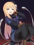  1girl :d beret black_headwear black_legwear blonde_hair blue_dress blue_eyes blush boots brown_footwear brown_gloves commentary_request dress fate_(series) flower gloves hair_flower hair_ornament half-closed_eyes hand_up hat highres long_hair long_sleeves looking_at_viewer lord_el-melloi_ii_case_files open_mouth pantyhose reines_el-melloi_archisorte rose sitting smile solo tilted_headwear very_long_hair white_flower white_rose yuuuuu 
