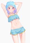  1girl aikatsu!_(series) aikatsu_friends! armpits arms_behind_head arms_up bangs bare_arms bare_shoulders bikini_top blue_bikini_top blue_hair blue_shorts blush closed_mouth collarbone commentary_request eyebrows_visible_through_hair gradient_hair grey_background highres k_mugura looking_at_viewer minato_mio mouth_hold multicolored_hair navel purple_hair revision short_shorts shorts simple_background solo standing violet_eyes 