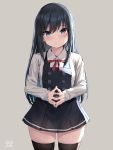  1girl asashio_(kantai_collection) bangs black_legwear blue_eyes blush buttons closed_mouth dress eyebrows_visible_through_hair fingers_together grey_background highres kantai_collection long_hair long_sleeves oekakizuki pinafore_dress red_ribbon remodel_(kantai_collection) ribbon shirt signature simple_background sleeveless sleeveless_dress solo thigh-highs thighs white_shirt 