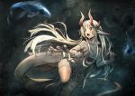  1girl breasts dragon_tail elbow_gloves fish gloves horns lily_(pixiv_fantasia_last_saga) long_hair navel open_mouth pixiv_fantasia pixiv_fantasia_last_saga pointy_ears red_eyes ryuuzaki_ichi sleeveless small_breasts solo standing tail thigh-highs underwater very_long_hair white_hair 