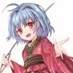  1girl :d ahoge arms_up blue_hair eyebrows_visible_through_hair hair_between_eyes highres holding_needle ikazuchi_akira japanese_clothes kimono leaning_to_the_side looking_at_viewer needle obi open_hand open_mouth outstretched_hand red_eyes red_kimono sash short_hair simple_background smile solo sukuna_shinmyoumaru touhou upper_body white_background 