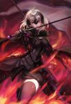  1girl absurdres armor armored_dress bangs banner breasts cape capelet chain cloak commentary_request fate/grand_order fate_(series) fiery_background fire flag fur-trimmed_cape fur_collar fur_trim gauntlets headpiece highres holding holding_flag holding_sword holding_weapon jeanne_d&#039;arc_(alter)_(fate) jeanne_d&#039;arc_(fate)_(all) kuro_(ning2763) large_breasts short_hair silver_hair solo sword thigh-highs tsurime weapon yellow_eyes 
