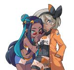  2girls belly_chain bodysuit covered_navel dark_skin earrings eyeliner grey_eyes grey_hair gym_leader hair_bun hairband hoop_earrings jacket jewelry looking_at_viewer makeup multicolored_hair multiple_girls pokemon pokemon_(game) pokemon_swsh rurina_(pokemon) saitou_(pokemon) short_hair shorts sportswear two-tone_hair wong_ying_chee 