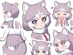  ! 1girl ? animal_ear_fluff animal_ears blue_eyes blush crepe dog_(mixed_breed)_(kemono_friends) dog_ears dog_tail eating elbow_gloves eyebrows_visible_through_hair fang fang_out food gloves grey_hair grey_skirt heart heterochromia kemono_friends looking_at_viewer multicolored_hair open_mouth pantyhose pleated_skirt ransusan short_hair short_sleeves simple_background skirt smile tail white_background white_gloves white_hair white_legwear yellow_eyes 