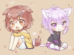 2girls :3 ahoge animal_ear_fluff animal_ears bare_shoulders barefoot blush bone_hair_ornament braid braided_tail brown_eyes brown_hair cat_ears cat_tail chibi choker dog_ears dog_tail fang floral_print hair_ornament hairclip heart hololive intertwined_tails inugami_korone long_sleeves looking_at_viewer multiple_girls nekomata_okayu pants purple_hair sitting skin_fang souffle_sable tail violet_eyes virtual_youtuber