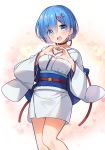  1girl :d ayamy blue_eyes blue_hair blush breasts choker commentary_request cute eyebrows_visible_through_hair eyes_visible_through_hair feet_out_of_frame hair_ornament hair_over_one_eye hairclip heart heart_background heart_hands highres japanese_clothes kimono long_sleeves looking_at_viewer medium_breasts obi open_mouth pink_background re:zero_kara_hajimeru_isekai_seikatsu red_choker rem_(re:zero) sash short_hair short_kimono smile solo standing waifu white_kimono wide_sleeves x_hair_ornament 