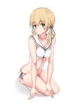  1girl barefoot bikini blonde_hair eyebrows_visible_through_hair full_body green_eyes highres kantai_collection looking_at_viewer navel nn_tasu prinz_eugen_(kantai_collection) sailor_bikini sailor_collar seiza simple_background sitting smile solo swimsuit twintails white_background white_bikini 