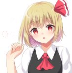  1girl :o arm_up black_vest blonde_hair blush breasts cravat eyebrows_visible_through_hair hair_between_eyes hair_ribbon head_tilt highres kurumi_lm looking_at_viewer red_eyes red_neckwear ribbon rumia shirt short_hair short_sleeves simple_background small_breasts solo touhou upper_body vest white_background white_shirt wing_collar 