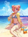  1girl artist_name bandaged_arm bandaged_leg bandages barefoot beach bikini blue_bikini blue_sky breasts choker clouds collarbone commentary crab day detached_sleeves double_bun fate/grand_order fate_(series) food frankenstein&#039;s_monster_(fate) frankenstein&#039;s_monster_(swimsuit_saber)_(fate) hair_ornament hair_over_one_eye hairclip headgear holding holding_food horn innertube jacket melting navel outdoors parted_lips pink_hair popsicle ribbon_choker sand short_hair single_detached_sleeve sitting sky sleeves_past_wrists solo stomach swimsuit water yellow_jacket yokozuwari yume_ou 