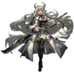  1girl absurdly_long_hair armor bangs belt black_footwear black_jacket black_legwear breasts detached_sleeves dress eyebrows_visible_through_hair glaive greaves grey_hair holding holding_polearm holding_weapon horns jacket large_breasts long_hair long_sleeves looking_at_viewer matoimaru_(arknights) official_art pointy_ears polearm pouch red_eyes ryuuzaki_ichi short_eyebrows shoulder_armor sleeveless_jacket solo standing strap thick_eyebrows thigh-highs transparent_background very_long_hair weapon white_dress white_jacket white_sleeves wide_sleeves 