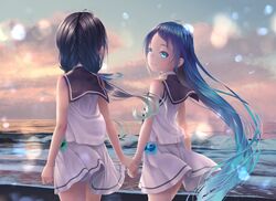  2girls blue_eyes blue_hair closed_mouth clouds cloudy_sky gradient_hair gradient_sky hair_flaps hair_ribbon hane_yoshiyumi highres holding_hand kantai_collection long_hair looking_at_another low_twintails multicolored_hair multiple_girls ocean ribbon sailor_collar samidare_(kantai_collection) school_uniform serafuku shirt sky sleeveless sleeveless_shirt smile suzukaze_(kantai_collection) twintails very_long_hair white_sailor_collar 