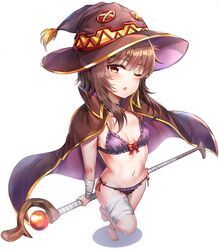  1girl :o absurdres bandages bangs bikini blush bow_bikini breasts brown_cape brown_eyes brown_hair brown_headwear cape choker collared_cape full_body hat highres holding holding_staff kono_subarashii_sekai_ni_shukufuku_wo! leg_strap looking_at_viewer megumin one_eye_closed open_mouth purple_bikini side-tie_bikini sidelocks simple_background small_breasts solo staff standing standing_on_one_leg sunhyun swimsuit white_background witch_hat 