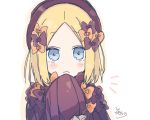  1girl abigail_williams_(fate/grand_order) alternate_hair_length alternate_hairstyle bangs black_bow black_dress black_headwear blonde_hair blue_eyes blush_stickers bow closed_mouth dress eyebrows_visible_through_hair fate/grand_order fate_(series) forehead hair_bow hand_up hat highres loli long_sleeves looking_at_viewer notice_lines orange_bow parted_bangs signature sleeves_past_fingers sleeves_past_wrists sofra solo type-moon upper_body white_background 