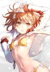  1girl armpits between_fingers bikini blush breasts coin collarbone colored_eyelashes commentary_request glint grey_background holding jacket long_sleeves looking_at_viewer messy_hair misaka_mikoto navel open_clothes open_jacket orange_bikini orange_hair parted_lips raika9 ribbon short_hair side-tie_bikini sleeves_past_wrists small_breasts solo standing swimsuit to_aru_kagaku_no_railgun to_aru_majutsu_no_index track_jacket twitter_username upper_body white_jacket white_ribbon yellow_eyes 