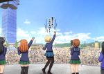  4girls ahoge arm_up black_footwear black_hair black_legwear blonde_hair blue_coat blue_skirt blue_sky blue_sweater blurry blurry_background braid brown_hair clapping clouds cloudy_sky commentary crowd darjeeling day depth_of_field dress_shirt from_behind girls_und_panzer green_skirt hands_together highres holding holding_microphone isuzu_hana loafers microphone miniskirt motion_lines multiple_girls nishizumi_miho omachi_(slabco) ooarai_(ibaraki) ooarai_marine_tower ooarai_school_uniform orange_hair outdoors pantyhose pleated_skirt school_uniform shirt shoes skirt sky socks st._gloriana&#039;s_school_uniform standing sweater takebe_saori thigh-highs tied_hair translated twin_braids white_shirt 