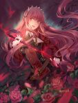  1girl artist_name black_skirt brown_eyes fate/grand_order fate_(series) floating_hair flower gloves highres holding_whip long_hair long_sleeves looking_to_the_side medb_(fate)_(all) miniskirt outdoors parted_lips pink_flower pink_hair pink_rose red_flower red_rose rose skirt solo standing user_szcd8257 very_long_hair white_gloves 