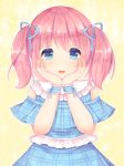 1girl :d bangs blue_bow blue_dress blue_eyes blue_ribbon blush bow caramel_(caramelmilk) commentary_request dress eyebrows_visible_through_hair frills hair_between_eyes hair_ribbon hands_on_own_face hands_up looking_at_viewer open_mouth original pink_hair plaid plaid_dress ribbon smile solo twintails wrist_cuffs 