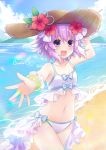  1girl alternate_costume armband artist_name beach bikini binato_lulu breasts clouds cloudy_sky collarbone commentary_request cute eyebrows_visible_through_hair flower hair_between_eyes hair_flower hair_ornament hand_on_own_head hat looking_at_viewer navel neptune_(neptune_series) neptune_(series) ocean open_mouth outdoors outstretched_arm purple_hair short_hair sky small_breasts smile solo straw_hat summer swimsuit violet_eyes white_bikini 