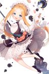  1girl :d abigail_williams_(fate/grand_order) absurdres bangs black_dress black_footwear blonde_hair blue_eyes blush braid butterfly_hair_ornament commentary_request cookie dress fate/grand_order fate_(series) food forehead hair_ornament hamada_pochiwo highres keyhole long_hair long_sleeves open_mouth parted_bangs shirt shoes sidelocks simple_background sleeveless sleeveless_dress sleeves_past_fingers sleeves_past_wrists smile solo stuffed_animal stuffed_toy teddy_bear tentacles upper_teeth very_long_hair white_background white_shirt 