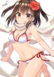  1girl barefoot bikini brown_eyes brown_hair cowboy_shot dated flower hair_flower hair_ornament hibiscus kantai_collection looking_at_viewer remodel_(kantai_collection) scarf sendai_(kantai_collection) side-tie_bikini signature simple_background smile solo swimsuit two_side_up white_background white_bikini white_scarf yumi_yumi 