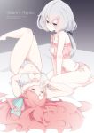  2girls blue_eyes bow bra cat_cutout cat_ear_panties cat_lingerie cleavage_cutout commentary_request frilled_bra frills grey_eyes grey_hair haya_bs highres knees_up konno_junko low_twintails lying meme_attire minamoto_sakura multiple_girls on_back on_bed panties pink_hair polka_dot polka_dot_bow redhead ribbon seiza side-tie_panties side_ponytail sitting twintails underwear underwear_only zombie_land_saga 