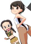 2girls ass bangs black_hair blush_stickers braid brown_eyes brown_footwear brown_legwear camouflage_shirt clenched_hand closed_mouth dutch_angle eyebrows_visible_through_hair frown fukuda_(girls_und_panzer) girls_und_panzer glasses green_shirt hamahara_yoshio hand_on_hip highres holding holding_umbrella leotard long_hair looking_at_viewer microskirt multiple_girls nakajima_(girls_und_panzer) navel open_mouth pantyhose pleated_skirt pointing pointing_at_viewer print_leotard racequeen round_eyewear shirt shrug_(clothing) simple_background skirt smile standing strapless strapless_leotard sweatdrop thigh-highs tubetop twin_braids twintails umbrella v-shaped_eyebrows white_background white_leotard yellow_skirt 