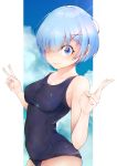  1girl absurdres bangs bare_arms bare_shoulders blue_eyes blue_hair blue_swimsuit blush breasts clouds collarbone commentary_request eyebrows_visible_through_hair from_side hair_ornament hair_over_one_eye highres large_breasts looking_at_viewer nanase_akira_(ekmm4442) re:zero_kara_hajimeru_isekai_seikatsu rem_(re:zero) ribbon short_hair smile solo swimsuit v x_hair_ornament 