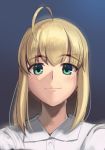  1girl ahoge artoria_pendragon_(all) blonde_hair boa_(brianoa) cute dress_shirt eyebrows_visible_through_hair fate/stay_night fate_(series) gradient gradient_background green_eyes grey_background long_hair looking_at_viewer saber shirt simple_background smile solo thick_eyebrows type-moon ufotable upper_body white_shirt 