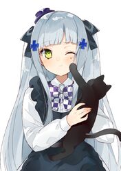  1girl animal black_bow black_cat blush bow cat checkered checkered_bow closed_mouth collared_shirt commentary_request dress_shirt facial_mark girls_frontline hair_bow hair_ornament hasegawa_(rarairairai) hat highres hk416_(girls_frontline) holding holding_animal long_hair long_sleeves mini_hat one_eye_closed purple_headwear shirt silver_hair simple_background skirt solo tilted_headwear upper_body very_long_hair white_background white_shirt white_skirt 