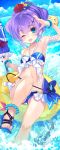  1girl :d anchor arm_up azur_lane bandeau bangs bare_arms bare_legs bare_shoulders beach_umbrella bead_anklet bikini blue_bikini blue_bow blue_footwear blue_sky blush bow bracelet breasts chain clouds cloudy_sky collarbone commentary_request cross_hair_ornament day eyebrows_visible_through_hair feet_out_of_frame flower hair_flower hair_ornament halterneck hibiscus high_ponytail horizon innertube javelin_(azur_lane) jewelry looking_at_viewer marine_day navel ocean open_mouth outdoors ponytail purple_hair red_flower sandals shirokitsune sky small_breasts smile solo splashing stomach swimsuit thighs umbrella water 