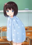  1girl bangs blue_eyes blurry blurry_background blush chair chalkboard classroom clothing_request commentary_request hair_ribbon highres indoors kake_kan looking_at_viewer one_side_up open_mouth original ribbon short_hair solo standing 