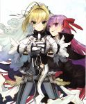  2girls aestus_estus ahoge bangs bb_(fate)_(all) bb_(fate/extra_ccc) belt black_legwear black_skirt blonde_hair bodysuit bridal_veil chain eyebrows_visible_through_hair fate/extra fate/extra_ccc fate_(series) flower gloves green_eyes hair_ribbon highres holding holding_sword holding_weapon hug lock long_hair long_sleeves looking_at_viewer multiple_girls nero_claudius_(bride)_(fate) nero_claudius_(fate)_(all) official_art open_mouth padlock purple_hair red_ribbon ribbon scan serious skirt smile sword thigh-highs veil very_long_hair violet_eyes wada_aruko weapon white_bodysuit white_gloves zipper 