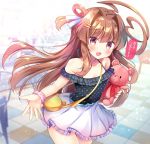 1girl :d ahoge bag brown_hair dress fang heart_ahoge highres kantai_collection kuma_(kantai_collection) long_hair masayo_(gin_no_ame) open_mouth outstretched_hand red_eyes shoulder_bag smile solo stuffed_animal stuffed_toy teddy_bear 