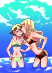  2girls absurdres arm_around_shoulder bikini blue_eyes blue_sky brown_hair creatures_(company) day eyewear_on_head female_protagonist_(pokemon_swsh) flower game_freak highres long_hair multiple_girls nintendo ocean olm_digital outdoors pokemon pokemon_(anime) pokemon_(game) pokemon_swsh pokemon_xy red_flower red_rose rose serena_(pokemon) sheery_sbox short_hair side-tie_bikini sky summer sunglasses swimsuit water 