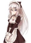  1girl 9a-91_(girls_frontline) alternate_costume apron bangs blue_eyes blush breasts dress eyebrows_visible_through_hair hair_between_eyes hair_ornament hairclip hands_together highres long_hair looking_at_viewer maid maid_headdress medium_breasts rabochicken silver_hair smile solo very_long_hair white_background 