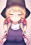  blonde_hair blush closed_eyes darumoon hair_ribbon hat highres incoming_kiss kiss moriya_suwako purple_vest red_ribbon ribbon touhou vest 