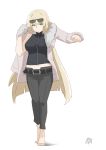  1girl absurdres alternate_costume bangs belt belt_buckle black_pants blunt_bangs blunt_ends breasts buckle casual contemporary dressing eyewear_on_head full_body fur-trimmed_jacket fur_trim girls_frontline green_eyes highres hime_cut jacket lavender_jacket long_hair looking_at_viewer medium_breasts navel no_shoes pants shirt signature simple_background sleeveless sleeveless_turtleneck solo striped striped_shirt sunglasses svt-38_(girls_frontline) turtleneck vertical-striped_shirt vertical_stripes very_long_hair wahen-s walking white_background 