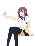  1girl :q absurdres apron bangs black_legwear black_skirt blue_eyes blunt_bangs collar_up commentary_request feet_out_of_frame highres kita_(pixiv61555) long_hair looking_at_viewer neck_ribbon outstretched_hand panties pantyshot pantyshot_(sitting) pleated_skirt purple_hair ribbon shirt short_sleeves sidelocks simple_background sitting skirt solo sparkle thigh-highs tongue tongue_out underwear very_long_hair white_background white_panties white_shirt working!! yamada_aoi 