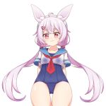  1girl :3 animal_ear_fluff animal_ears arms_behind_back crop_top dokumi hair_ornament hairclip hat long_hair low_twintails rabbit_ears school_swimsuit shirt simple_background solo swimsuit thigh_gap thighs tomari_mari tomari_mari_channel twintails virtual_youtuber white_background white_headwear white_shirt 