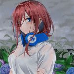  1girl bangs blue_eyes blush bra breasts brown_hair clouds cloudy_sky collared_shirt commentary_request flower go-toubun_no_hanayome hair_between_eyes headphones headphones_around_neck highres large_breasts leaf looking_at_viewer medium_hair nakano_miku rain see-through shirt short_sleeves sky takenoko_27074918 underwear wet wet_clothes wet_hair white_shirt 