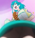  1girl blue_eyes blue_hair blurry doughnut food from_below hagoromo_lala haruyama_kazunori no_panties open_mouth pointy_ears precure short_hair short_sleeves skirt solo star star-shaped_pupils star_twinkle_precure symbol-shaped_pupils teeth upper_teeth 