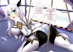  1girl ass bdsm blue_eyes blush bodysuit bondage bound breasts cecilia_schariac commentary cosplay english_commentary english_text hair_between_eyes hair_ornament honkai_(series) honkai_impact_3rd kiana_kaslana_(white_comet) kiana_kaslana_(white_comet)_(cosplay) large_breasts long_hair looking_at_viewer sheita sideboob silver_hair solo speech_bubble sweatdrop tied_up 