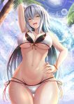  1girl :d absurdres arm_up bangs bikini bird black_hair blue_sky blush breasts clouds cowboy_shot day eyebrows_visible_through_hair fate/grand_order fate_(series) grey_hair hair_between_eyes hand_on_hip highres long_hair looking_at_viewer multicolored_hair nagao_kagetora_(fate) navel open_mouth outdoors palm_tree penguintake sky smile solo stomach streaked_hair swimsuit tree two-tone_hair very_long_hair white_bikini white_hair yellow_eyes 