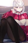  1girl :d ass bangs black_legwear breasts choker commentary_request convenient_leg drawstring feet_out_of_frame grin hair_over_one_eye hand_up hood hood_down hoodie kayahara knees_up long_sleeves looking_at_viewer open_mouth original pantyhose short_hair silver_hair sitting smile solo thighband_pantyhose v violet_eyes 