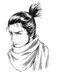  1boy arizuka_(catacombe) artist_name commentary_request face facial_hair greyscale highres male_focus monochrome ponytail scar scarf sekiro sekiro:_shadows_die_twice short_hair simple_background solo white_background 