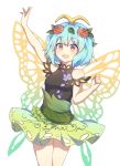  1girl :d adapted_costume antennae arm_up bangs bare_arms bare_shoulders black_shirt blue_hair blush breasts brown_eyes butterfly_wings caramell0501 clenched_hand commentary_request cowboy_shot eternity_larva eyebrows_visible_through_hair flower frills green_skirt hair_flower hair_ornament highres leaf looking_at_viewer medium_breasts miniskirt open_mouth pink_flower pink_rose rose shirt short_hair shoulder_cutout simple_background skirt smile solo standing thighs touhou white_background wings 